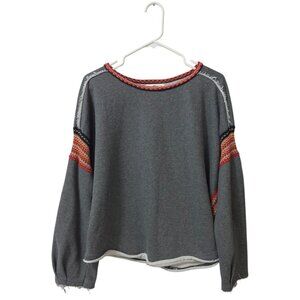 Natural Life Gray Boho Long Sleeve Crop Sweatshirt Size L-XL Colorful Knit Trim
